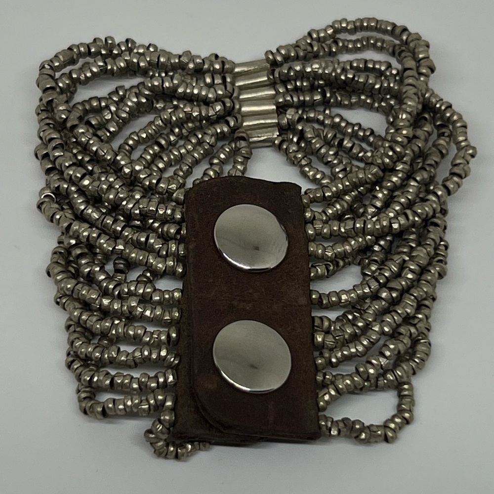 Guang Tong Metallic Pewter Colored Leather‎ Seed-bead Bracelet Sz 6.5